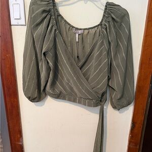 BCBGeneration Olive Green Metallic-Striped Wrap Crop Top